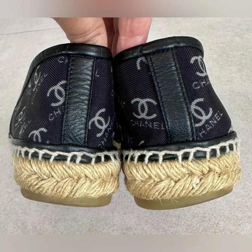 Chanel CC logo Mesh Grosgrain Cap Toe Black Espadrille Flats EU 37 US 6-6.5